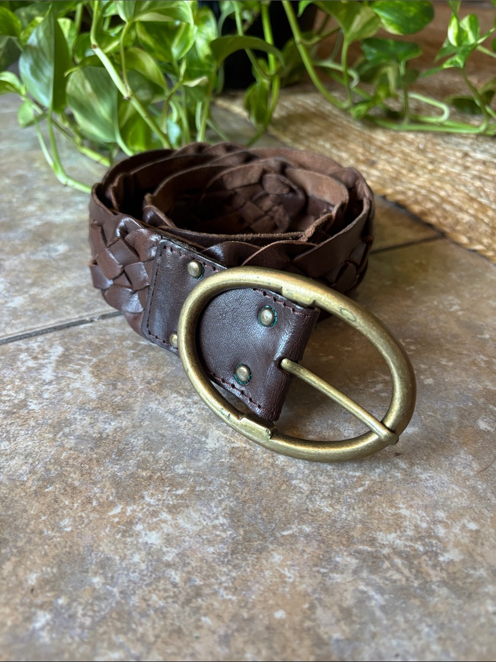 Vintage Braided Brown Leather Belt with Antique Brass Oval Buckle